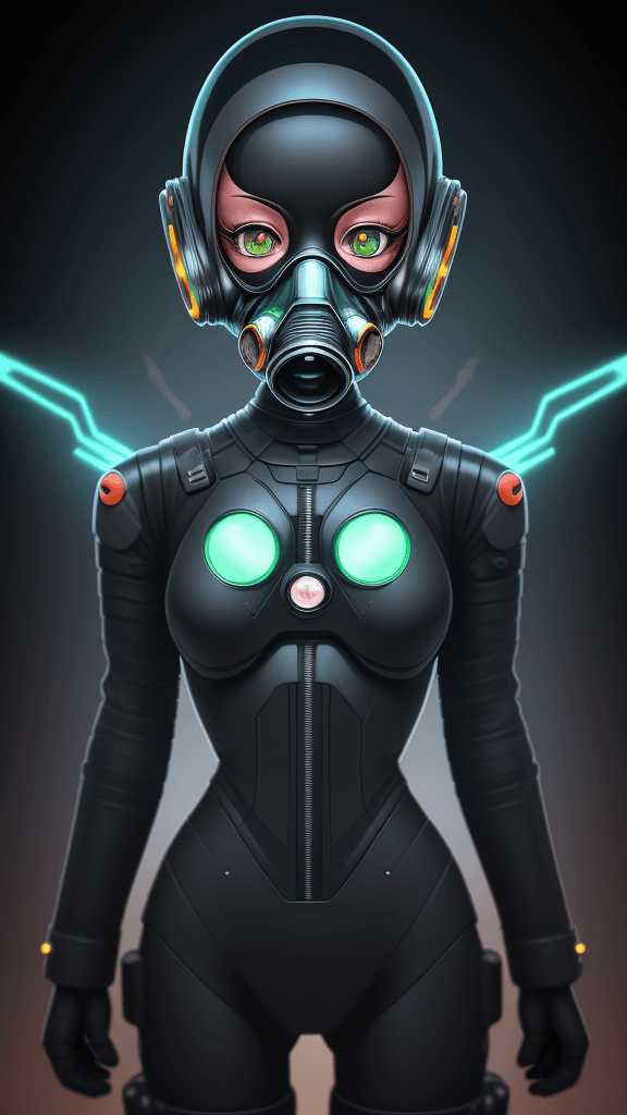 AI generated: complex background portrait of little Android woman. Wearing a complex gas mask. Prominent eyes, com...