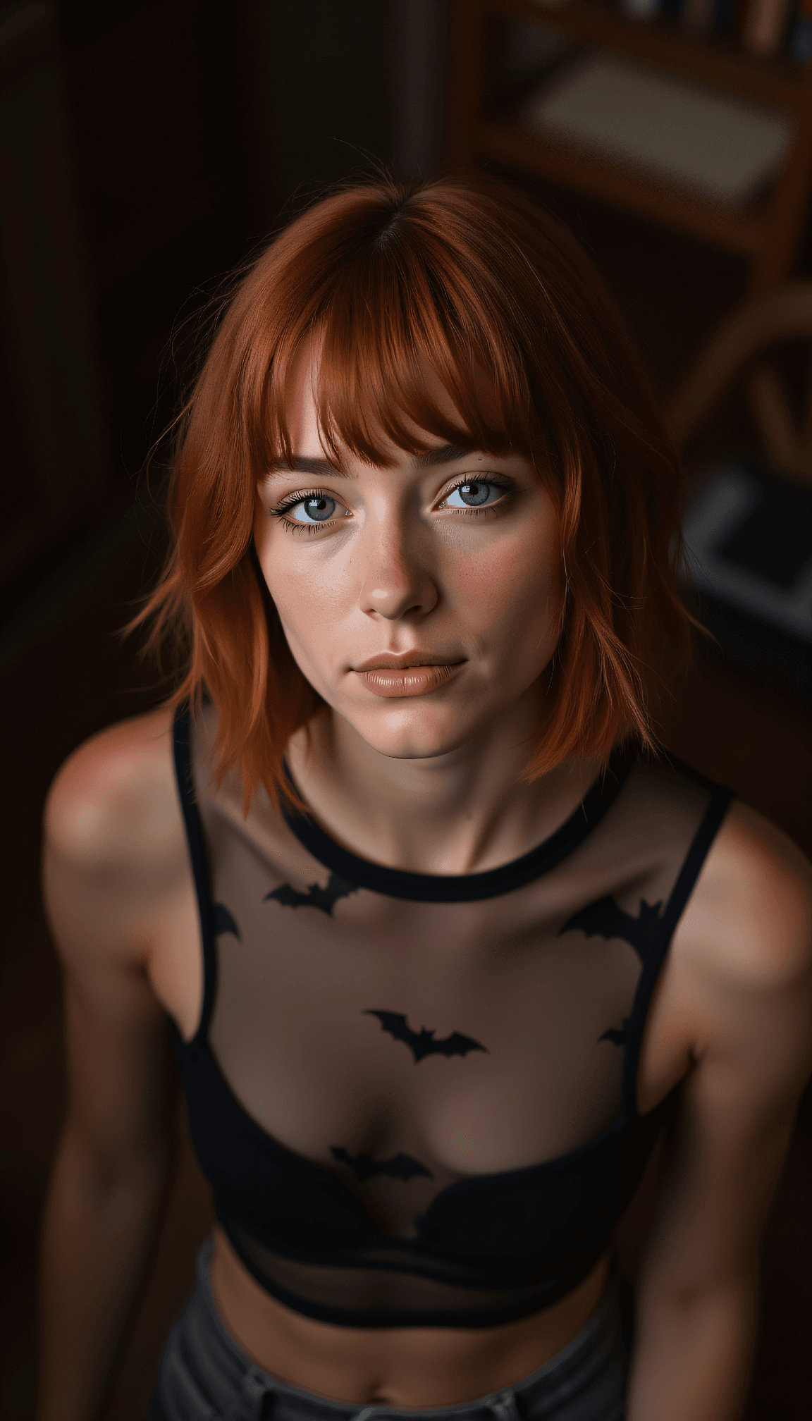 AI generated: A photorealistic High perspective waist-up, camera overhead position, subject's face lifted toward c...