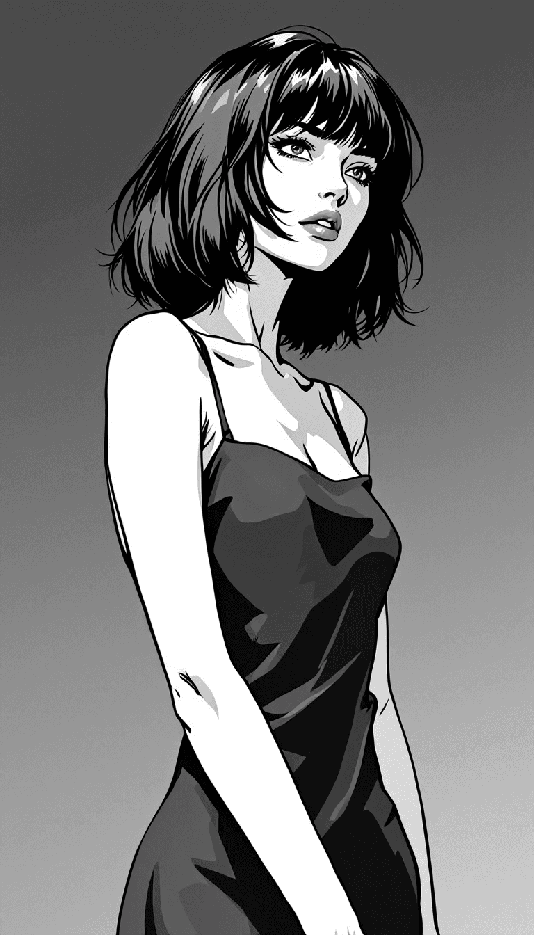 AI generated: A full body long shot of a manga anime of a woman with shoulder-length bob style hair and bangs, wea...