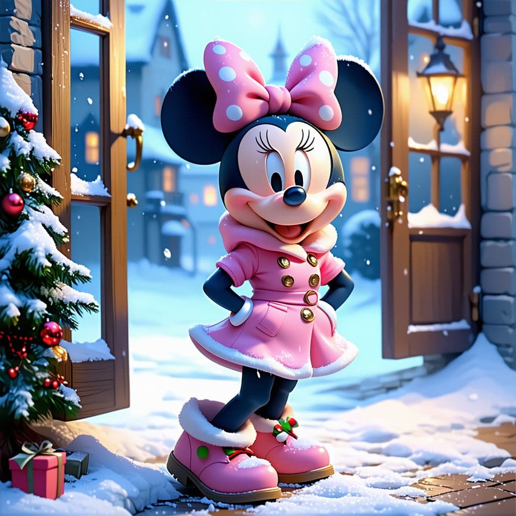 AI generated: Minnie Mouse, standing by a window, winter scene, animated detailed pink bow, decorated boots, vivid...