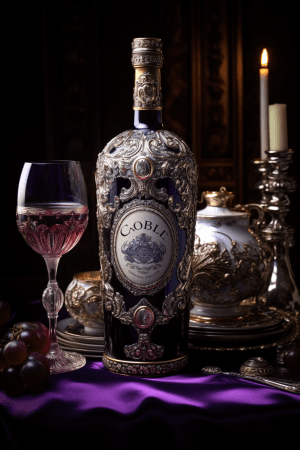 AI generated: Full Body Shot, a silver goblet of rich purple wine with an opulent label design, ornate details, by...