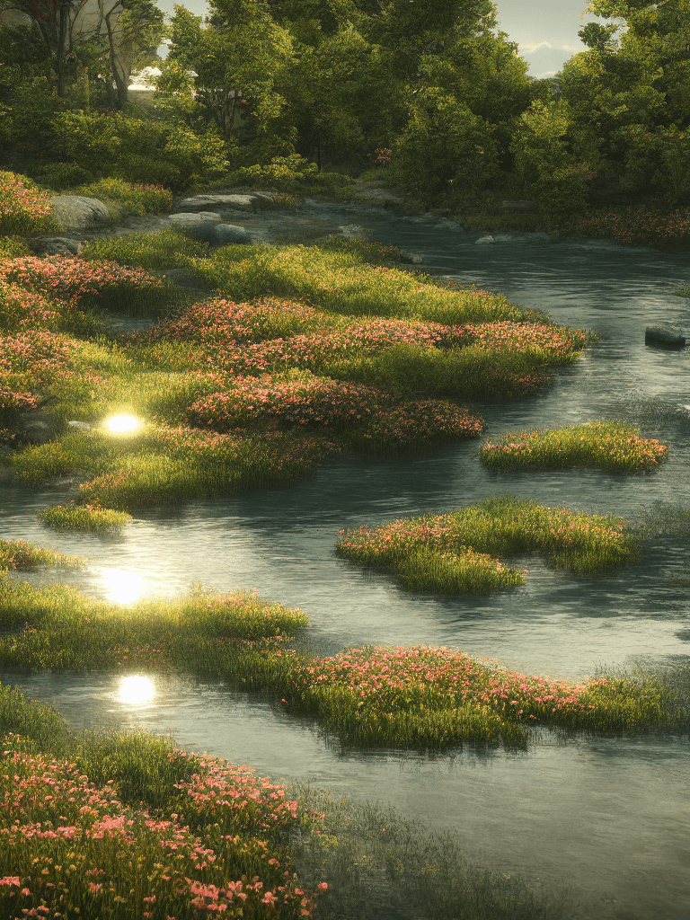 AI generated: peaceful landscape, sunlight falling on river water, rtx technology reflectins, flowers around the r...