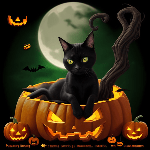 AI generated: black cat inside a pumpkin, green eyes, cute look, charming and adorable look, halloween style, back...