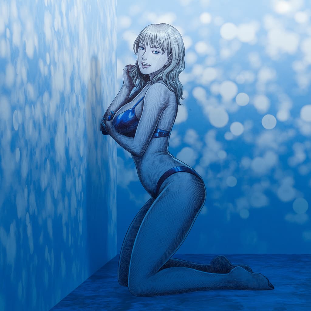 AI generated: Una cautivadora ilustración de estilo anime que presenta a Irina, posando de forma seductora y jugue...