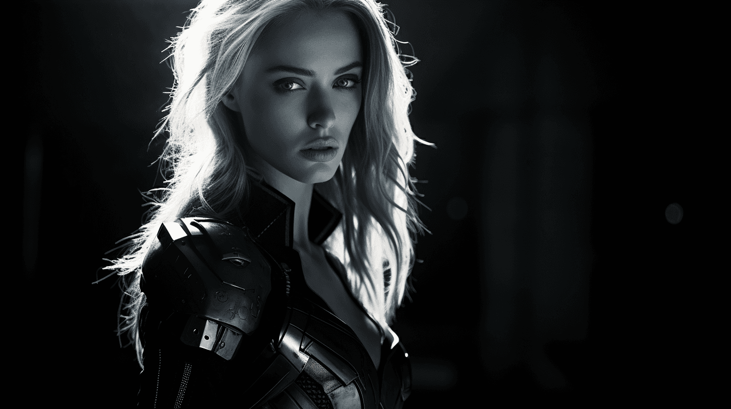 AI generated: peyton list as a cyberpunk warrior, 16-35mm lens, f/1.8, global illumination, natural light, uplight...