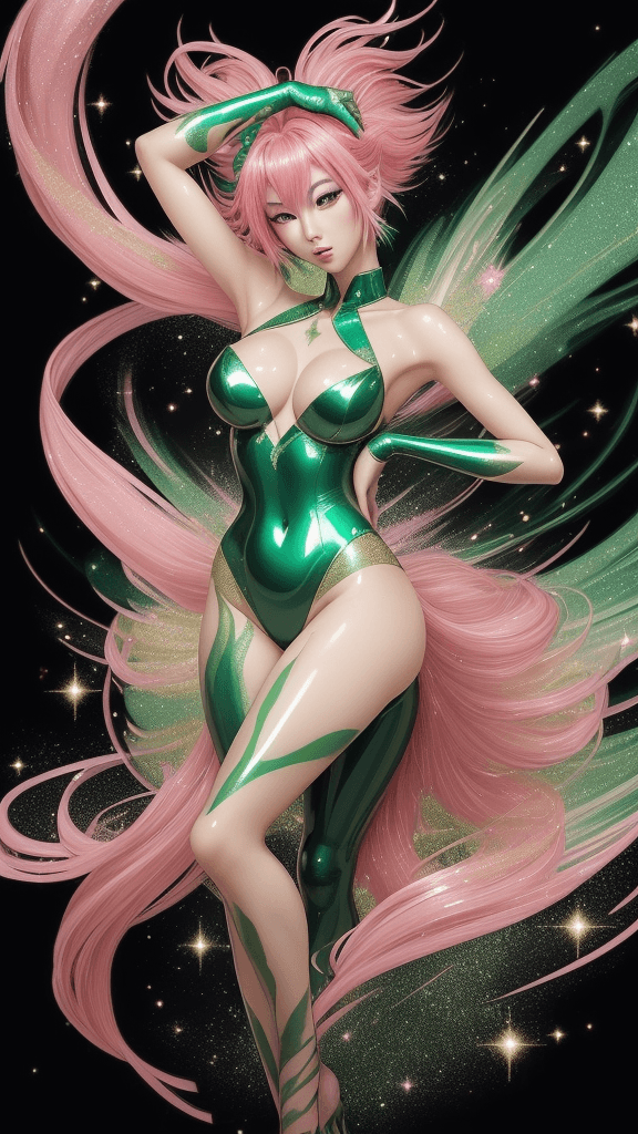 AI generated: A mesmerizing anime-inspired illustration featuring a stunning Japanese girl with radiant pink and g...