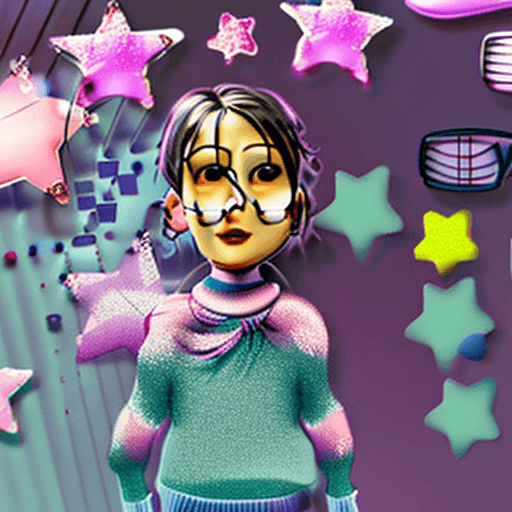 AI generated: pink,purple,blue pastel background, with cute heart and stars girl ,pretty and innocent with glasses...