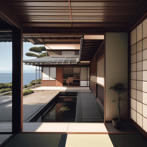 AI generated: Hyper realistic eye level exterior photo of a mid century modern style japanese house overlooking th...
