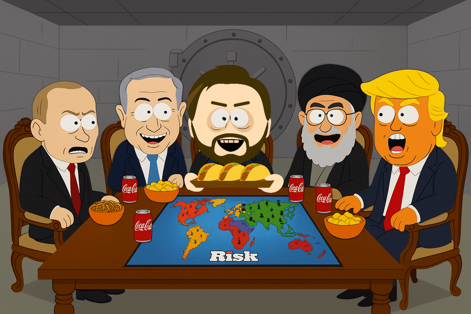 AI generated: Create a South Park style cartoon of a fortified bomb shelter, walls made of concrete, with light an...