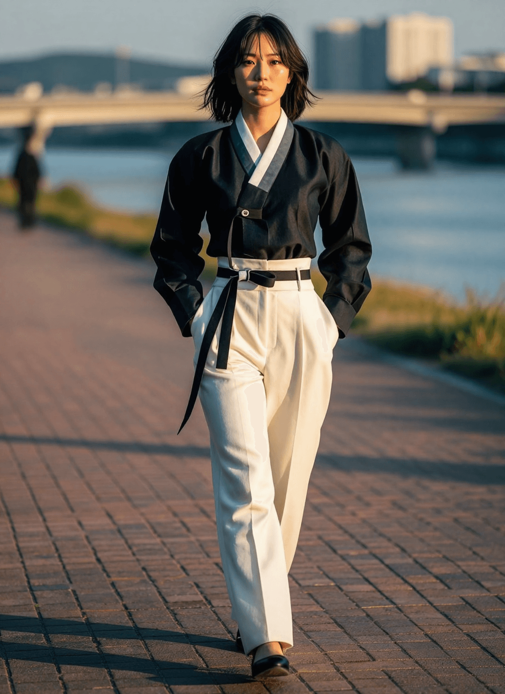 AI generated: ultra-realistic view photo of a Korean female model in 2026 Seoul Korea. Long shadows at the sunset ...