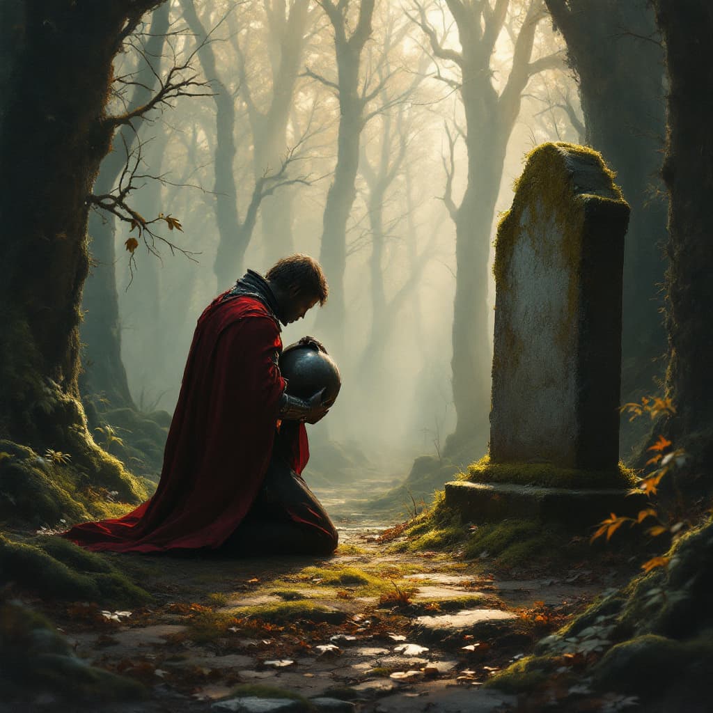 AI generated: A lone knight kneeling before a moss-covered gravestone in a forgotten forest at dawn. He holds his ...