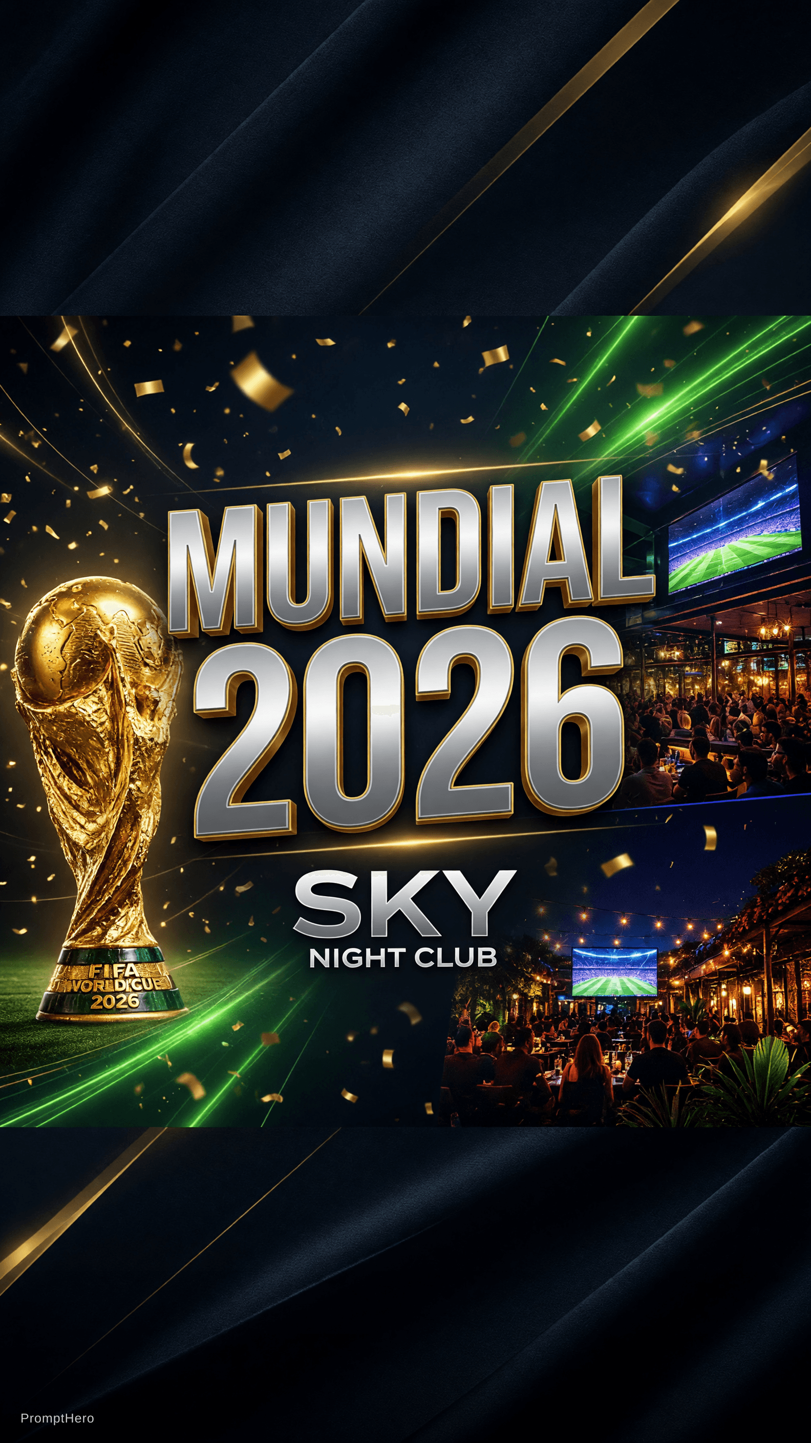 AI generated: A professional commercial event poster for a sports bar, premium design. Centered bold 3D metallic t...