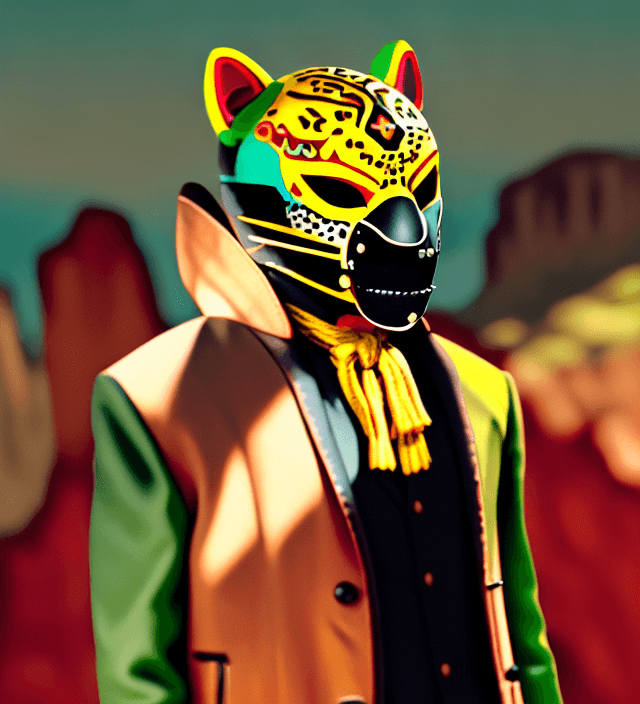 AI generated: jaguar helmet type mask with jaguar-style spots, wooden mask, fine wood details, zoque inspiration, ...