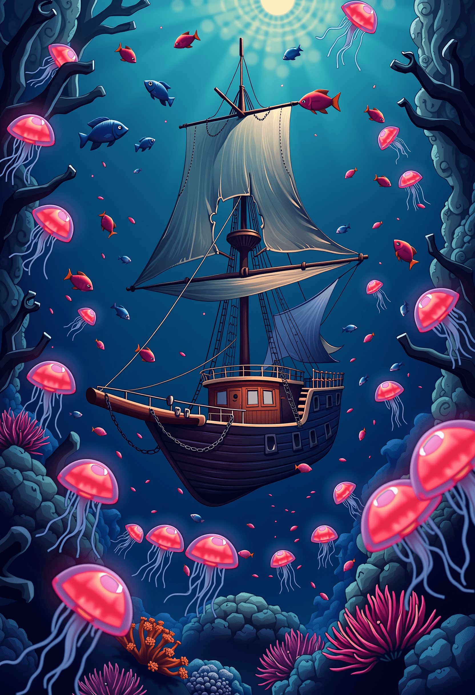 AI generated: A vibrant underwater scene featuring a sunken pirate ship surrounded by bioluminescent jellyfish. Co...