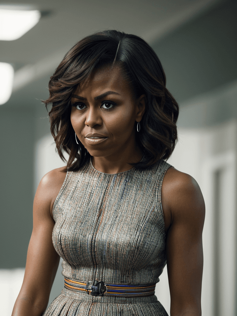 AI generated: portrait of Michelle Obama with masculine hair style, ultra realistic, 8k full HD, low angle, unreal...