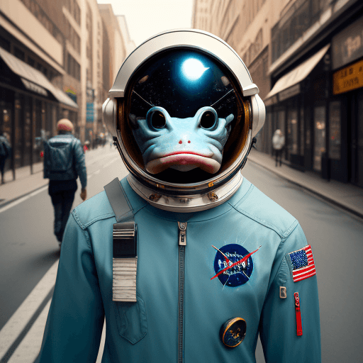 AI generated: fish face in an astronaut helmet, anthropomorphic, humanoid, walking down the street
