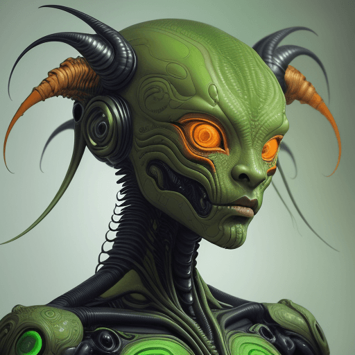 AI generated: alien cyborg art and illustration by theo el, in the style of balanced symmetry, light orange and gr...