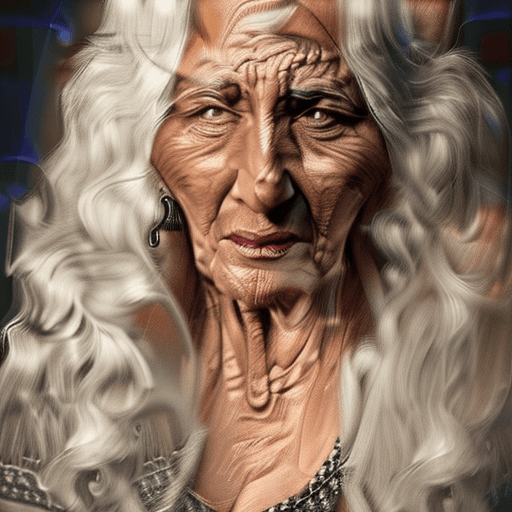 AI generated: close-up of a Gypsy grandmother, beautiful elderly female face, long curly white hair, ghostly detai...