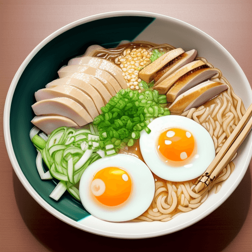 AI generated: A bowl of Japanese ramen noodles with sliced chicken, a fried egg, and green onions and corn and ses...