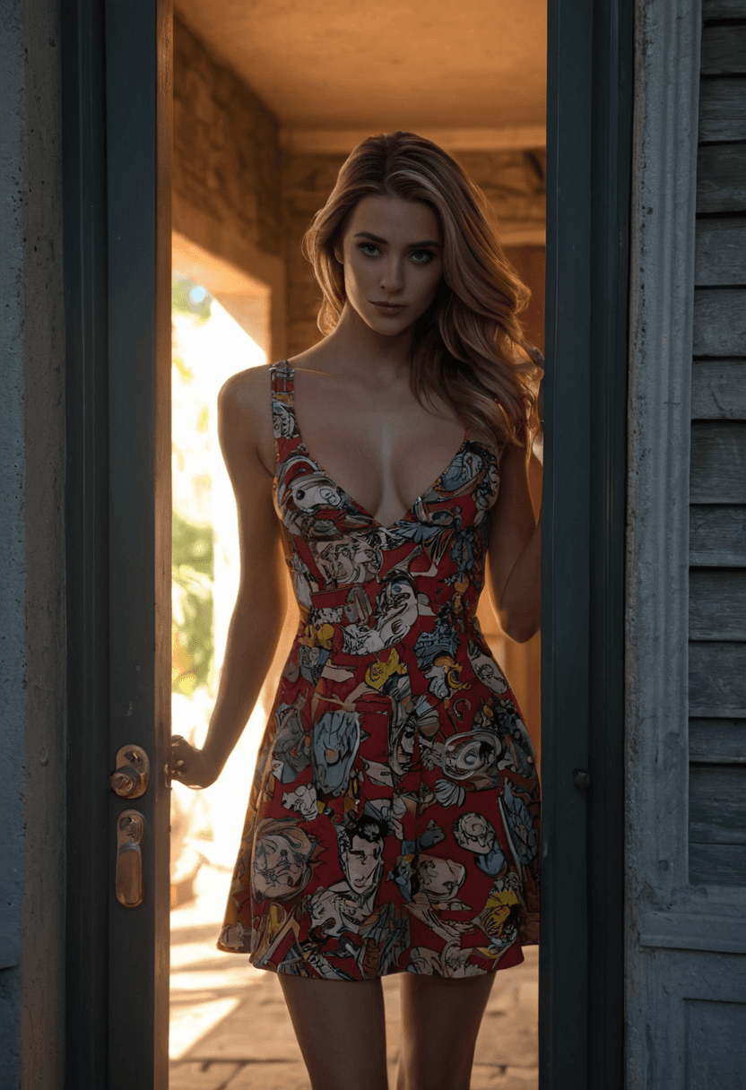 AI generated: comic wearing a dress,standing in doorway,perfect face,beautiful face,lots of fine detail,outdoor ph...