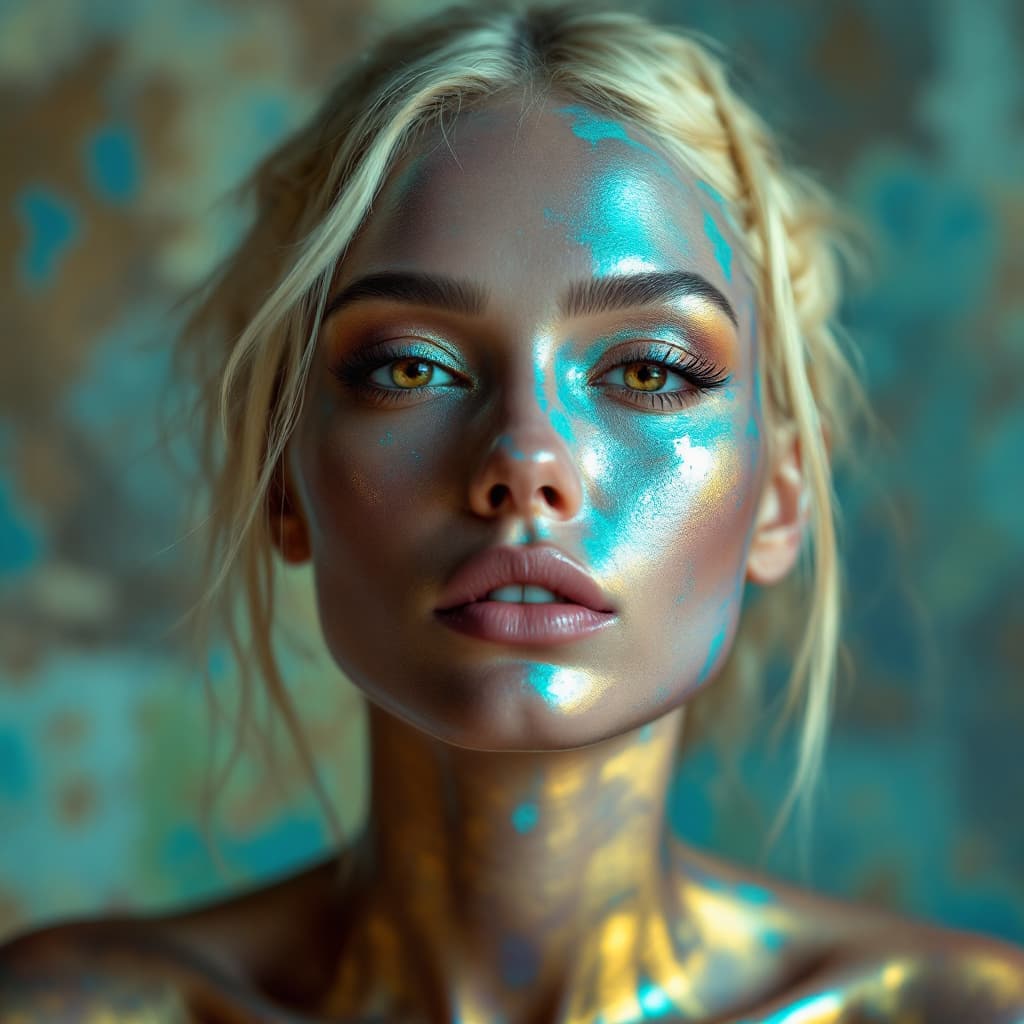 AI generated:  front direct view portrait of blond woman head, brown eyes, metalic skin, disappearing into the pat...