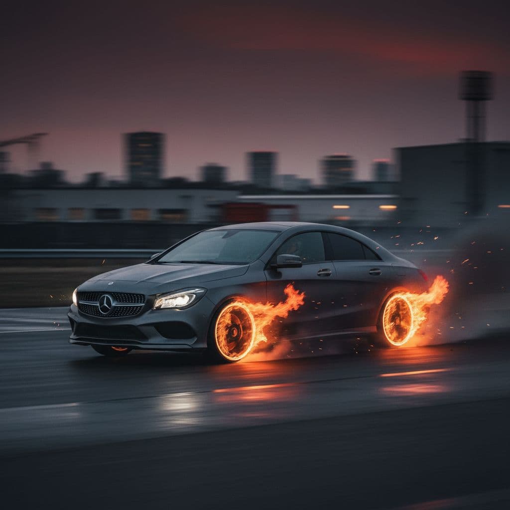 AI generated: mercedes CLA with burning tyres