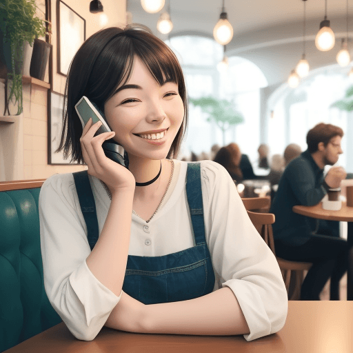AI generated: Short clip of a person smiling while holding a phone in a comfortable setting (like at home or a caf...