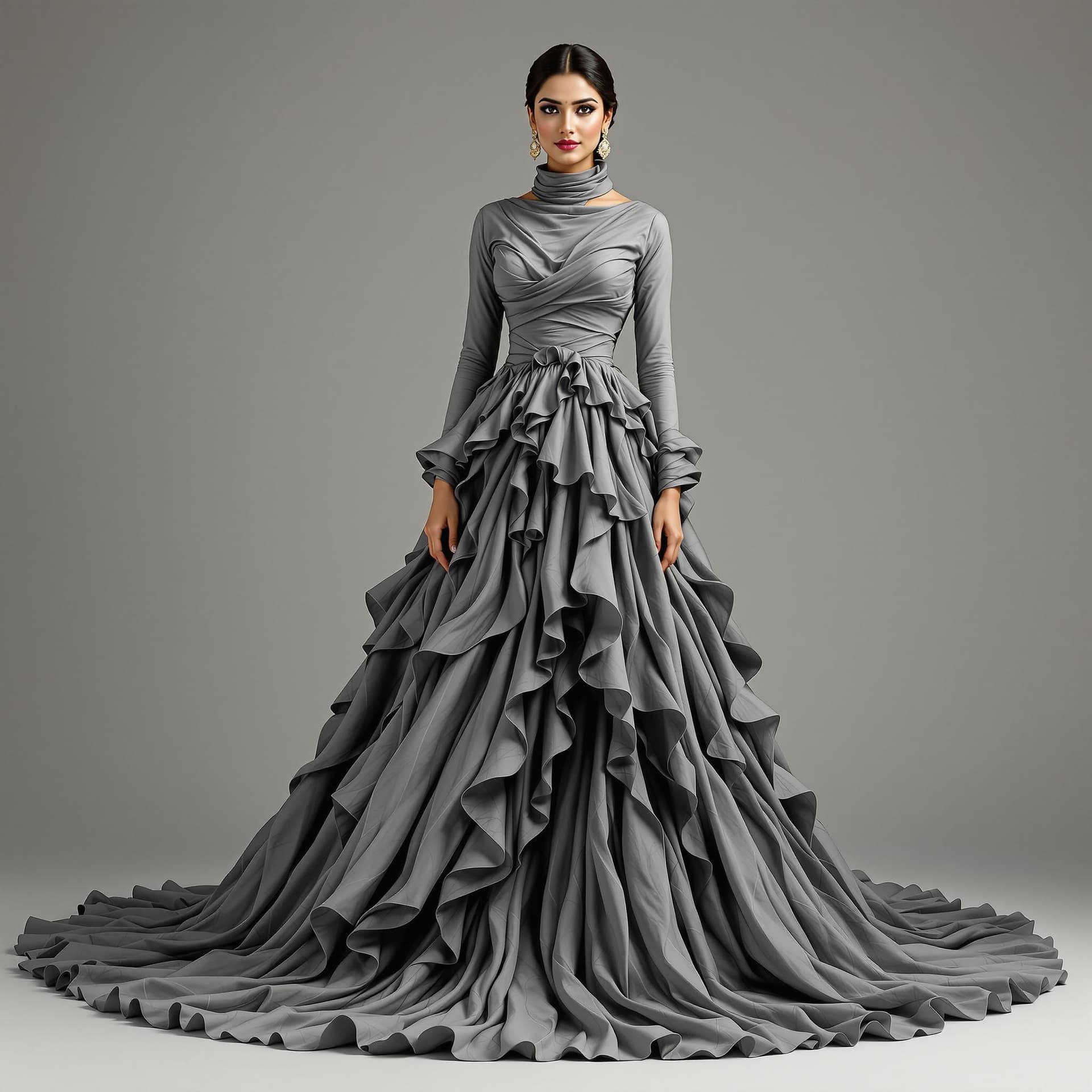 AI generated: The image is a full-length portrait of an Indian woman in a flowing grey dress. The dress features a...