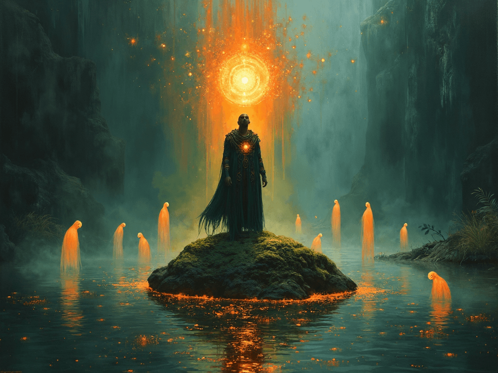 AI generated:  An abstract, mystical painting of a man standing on a mossy rock in the center of a dark, luminesce...