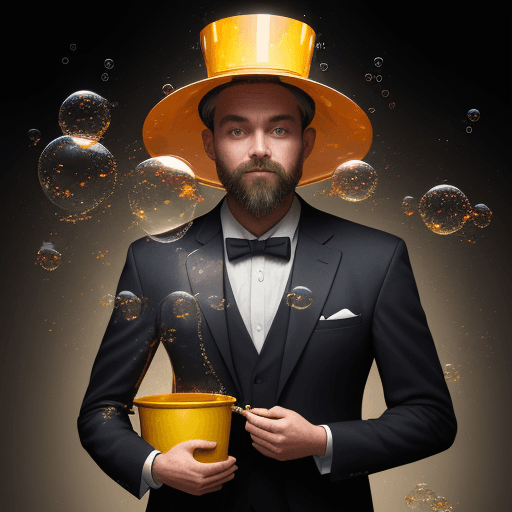 AI generated: man in a suit with a bucket on his head carrying an s with a background of amber bubbles 8k