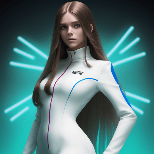 AI generated: a strog woman with long hair representing the tecnology whit a long sleeve jumpsuit looking at the c...