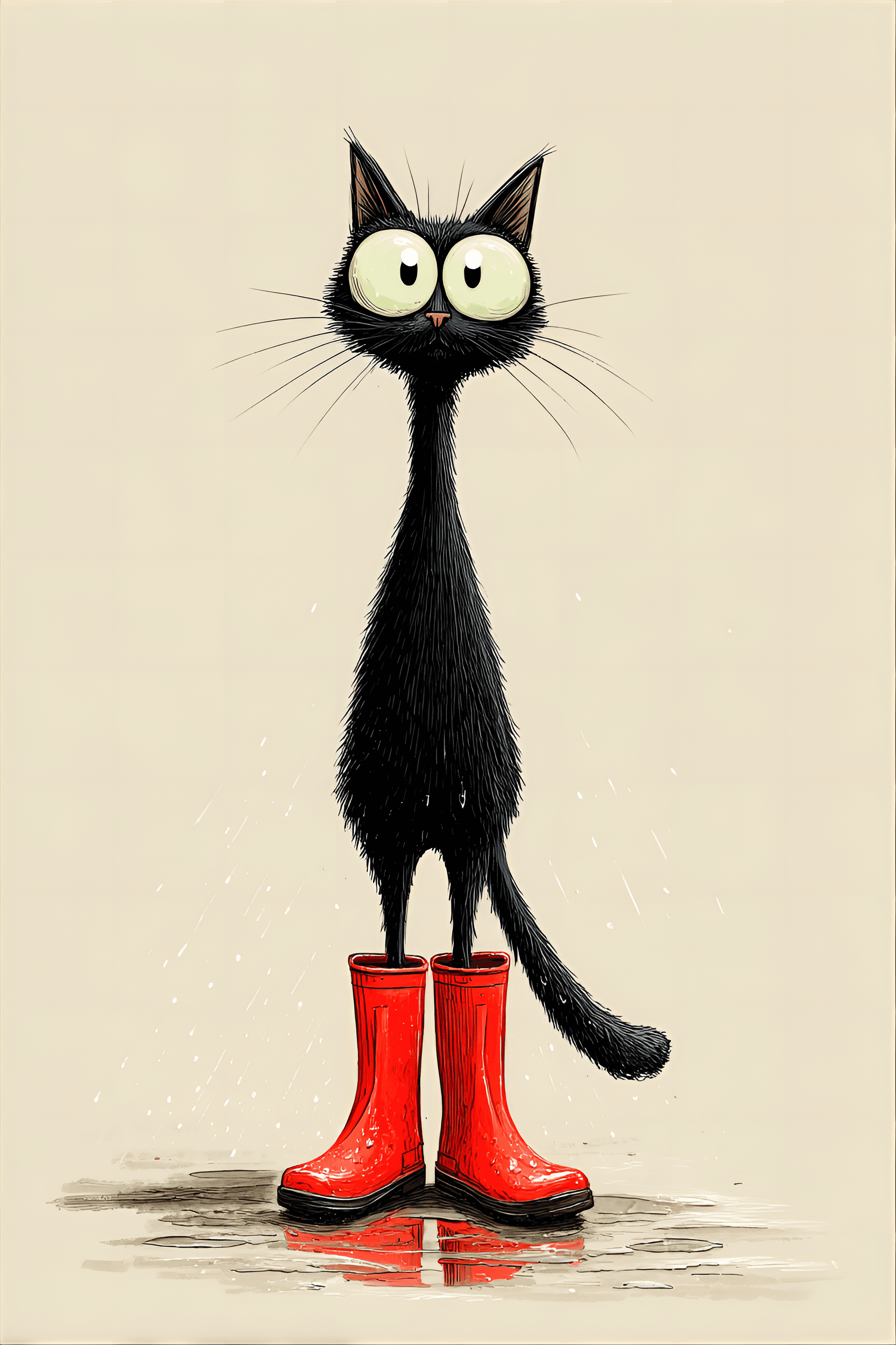 AI generated: funny caricature, quirky black cat, female, 7 years old, sleek, curious, mischievous, extremely elon...