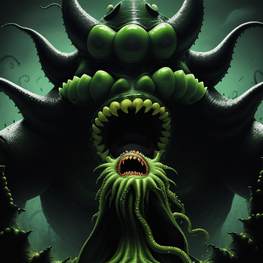 AI generated:  high quality foto of a green black monster, moster with grimaces and big very long teeth, long tent...