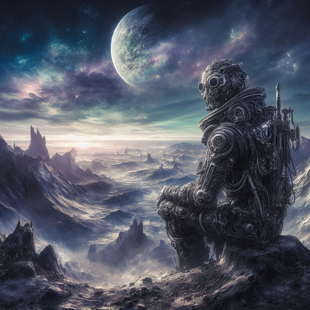 AI generated: a gothic punk base on the moon. A goth punk astronaut observes the landscape. The earth can be seen ...