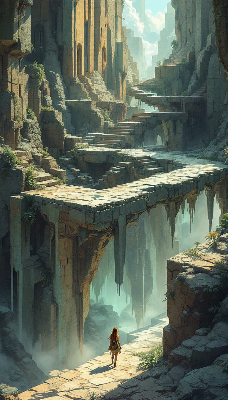 AI generated: (24) A conceptual game design, inspired by the puzzle-like structures of surreal games, features a f...