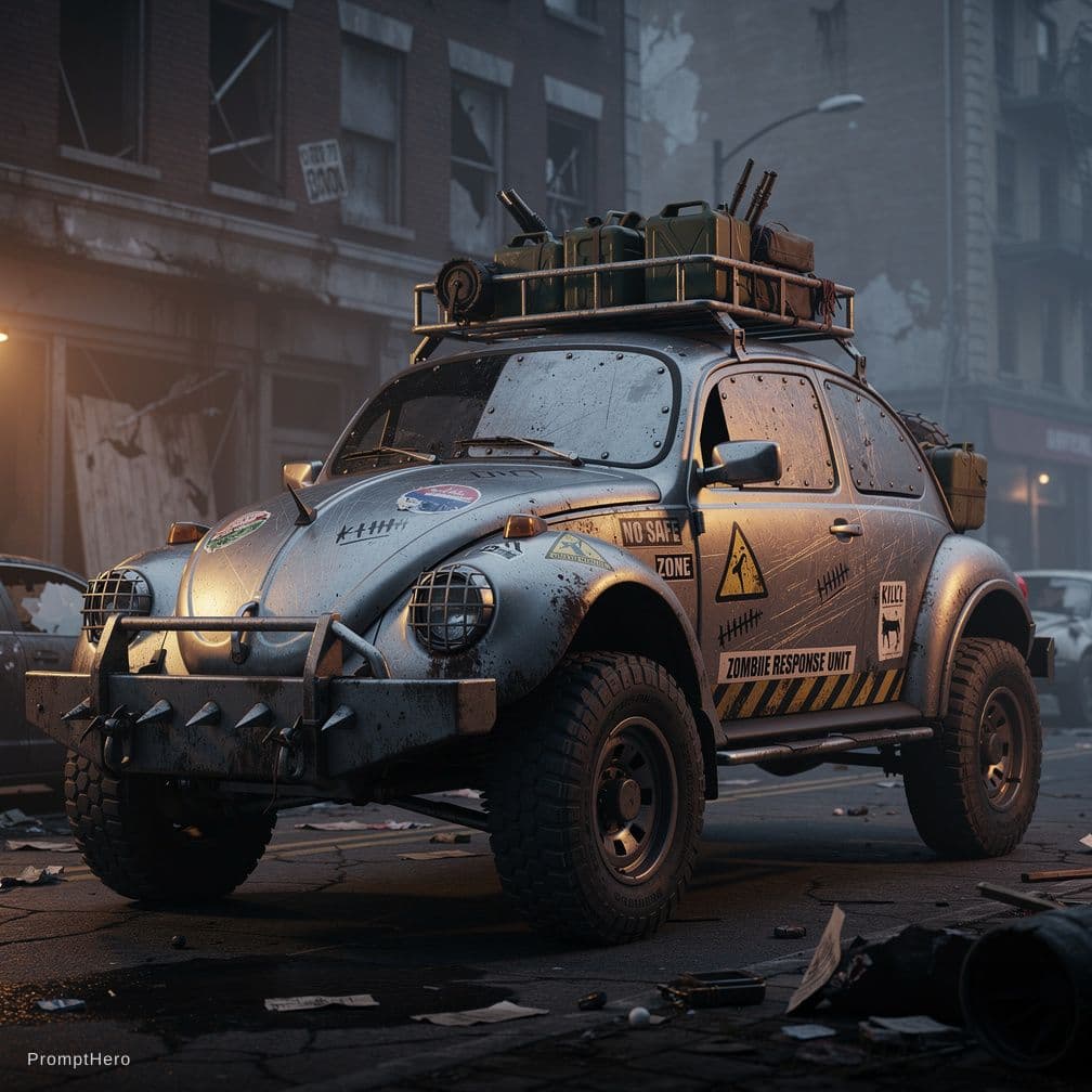 AI generated: A unique Volkswagen Beetle, specially prepared for a zombie apocalypse combat, featuring a brushed s...