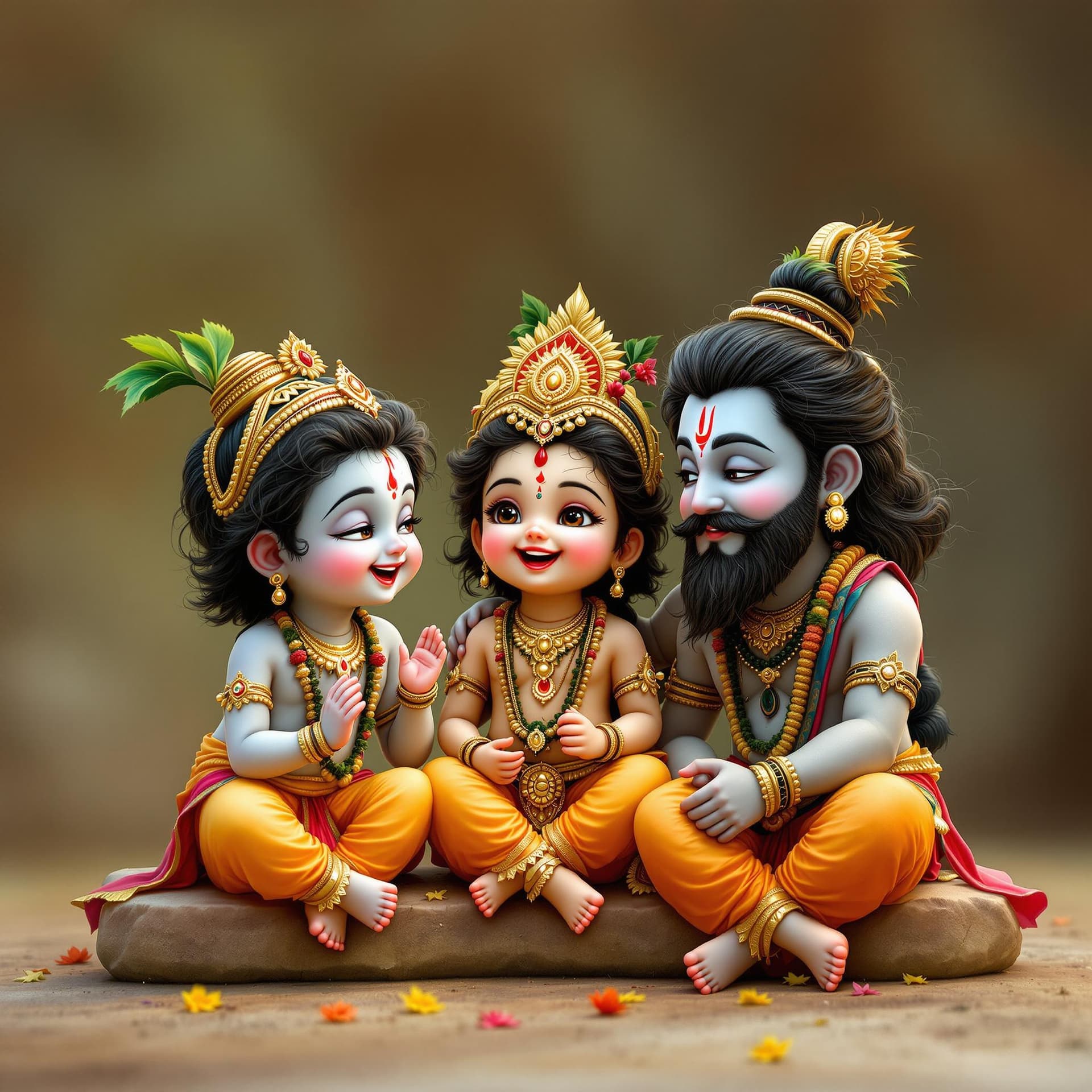 AI generated: Arafed image of a cute little Krishna, Ganapathi and Siva sitting together talking and laughing