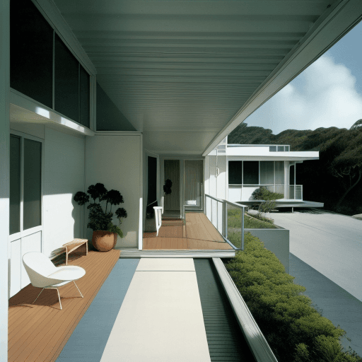 AI generated: Hyper realistic eye level exterior photo of a mid century modern style house overlooking the ocean, ...