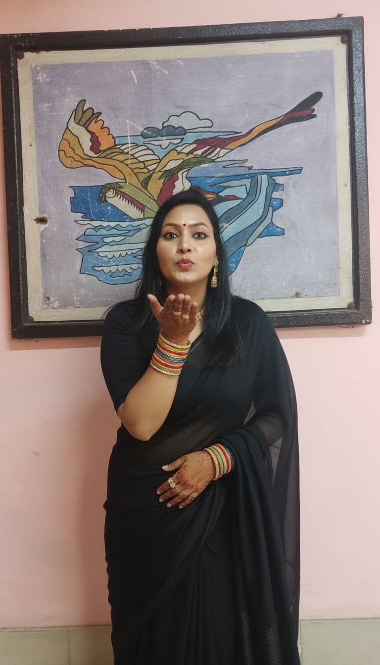AI generated: 28-30 years old, Indian hair style, wearing a black saree, inhaled chest, wide open eyes, A plus cur...