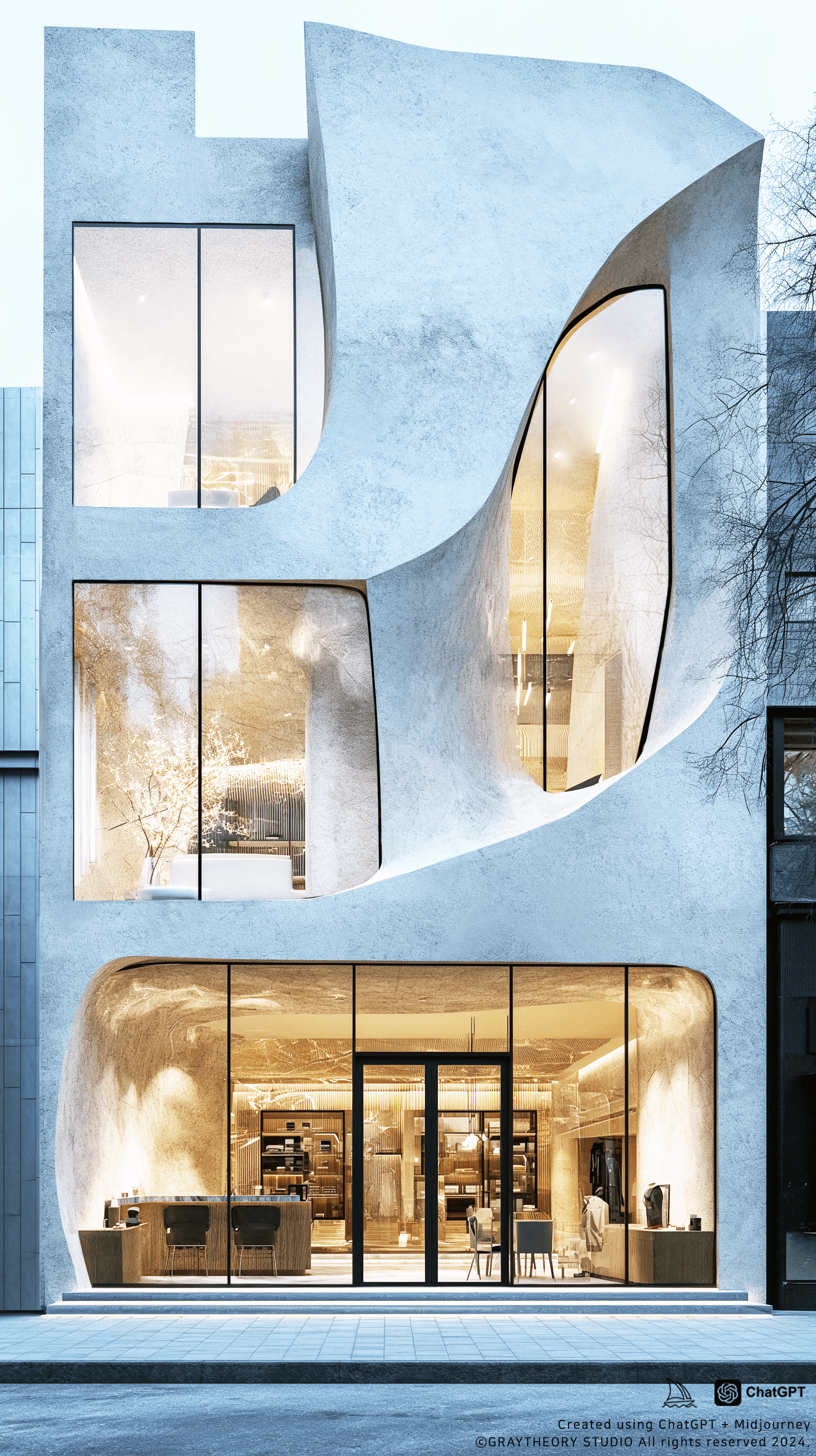 AI generated: Modern retail facade, geometric design, Leica SL2, 16-35mm wide-angle lens capturing the contrast of...
