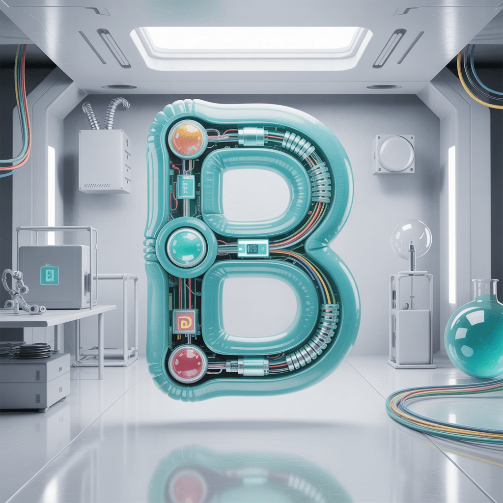 AI generated: "The letter B designed as a biomechanical inflatable creature, translucent soft silicone structure w...
