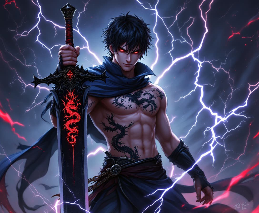AI generated: a man with light skin, short black hair, black armor with blue fabric, and a black sword with a red ...