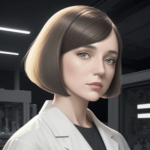AI generated: a confident woman scientist with a sophisticated bob cut and bright hazel eyes, wearing a pristine w...