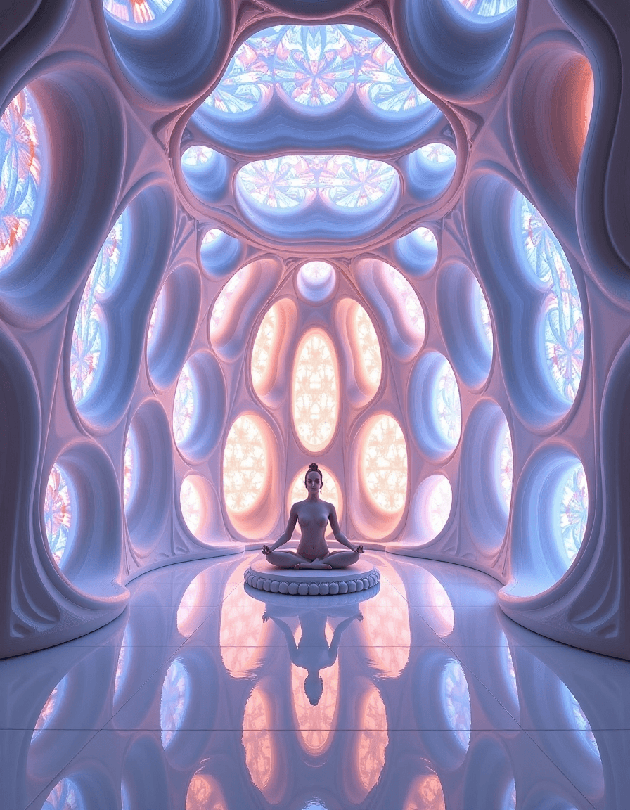 AI generated: Architectural visualization: A futuristic meditation chamber with walls made of slowly shifting, bio...