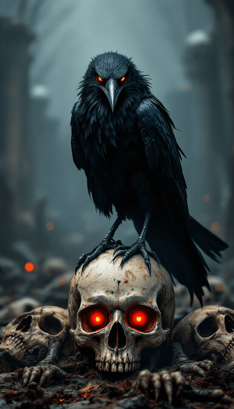 AI generated: A black raven with 6 red eyes looking at  viewer, standing  on skull, black feather, on  medieval ba...