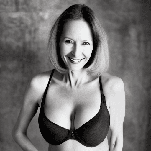 AI generated: Skinny 48 years old woman. 5'2" in height. 115 pounds. tiny breasts. Short brunette hair. smiling, w...
