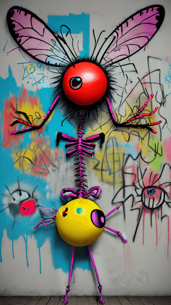 AI generated: graffitied on the wall invision my imaginary friend a Absurd Embroidery bird head spider legs red or...