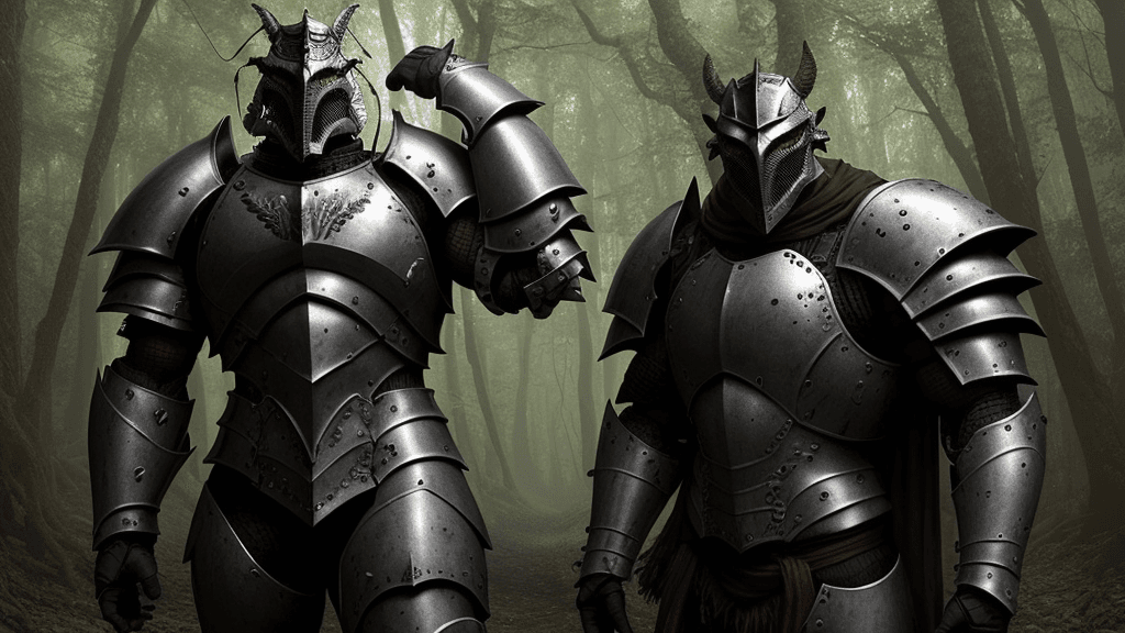 AI generated:  human male Armoured warriors holding a monster head in a forest

