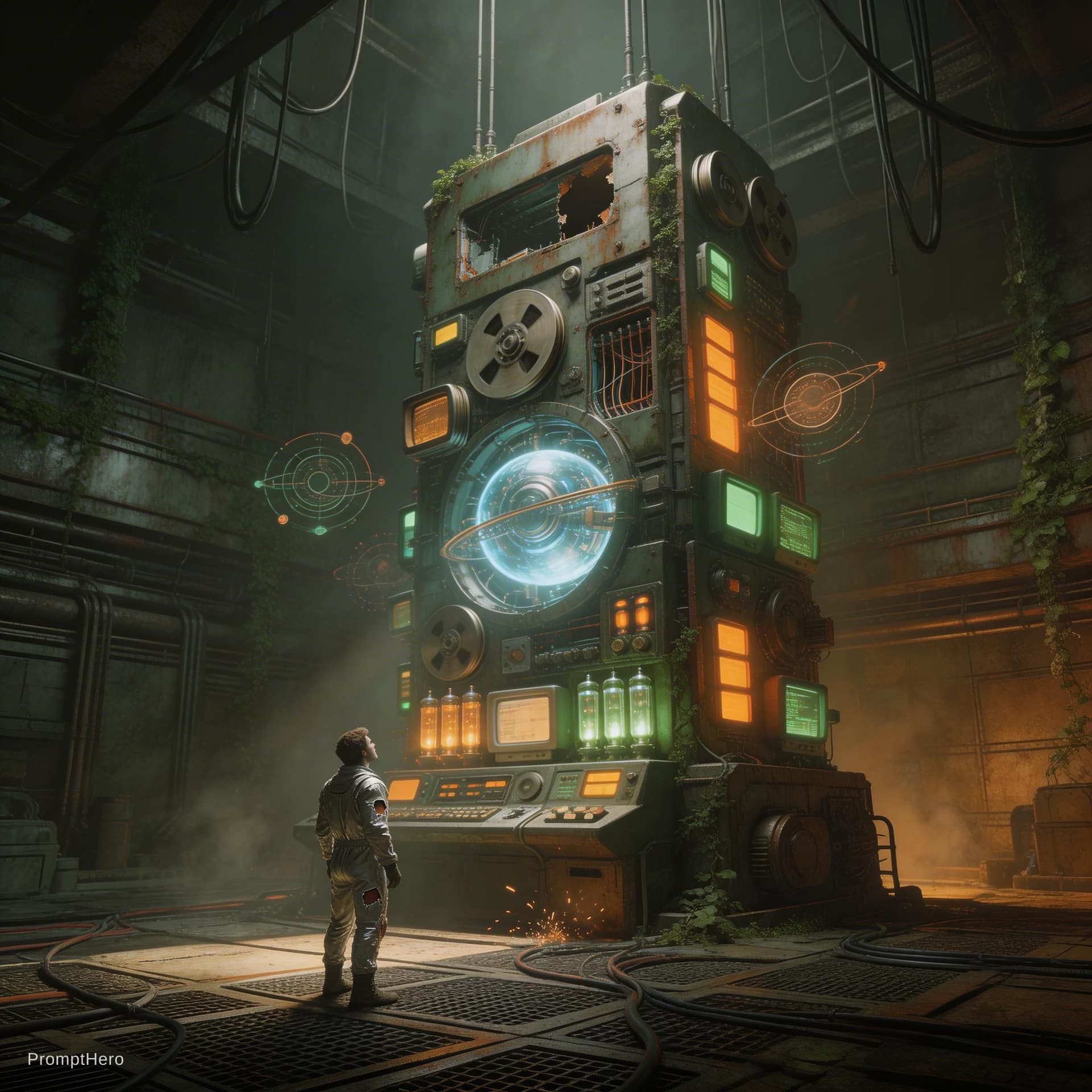 AI generated: A stunning and intricate illustration of a lone figure standing before a massive, futuristic central...
