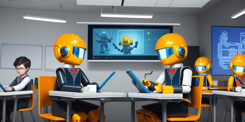 AI generated: in a futuristic classroom ,  kids (LEGO) wearing school uniforms,  working on a tablet computer, doi...
